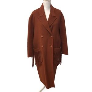 AllSaints Freya Coat Womens 6 Rust Brown Wool Long Overcoat Fringe Western